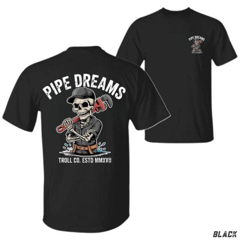 Troll Co. Plumbing Skeleton T-Shirt – Pipe Dreams Plumber Graphic Tee, Vintage Skeleton Tradesman Work Shirt, Retro Plumbing Crew Gift for Hardworking Men Menswear