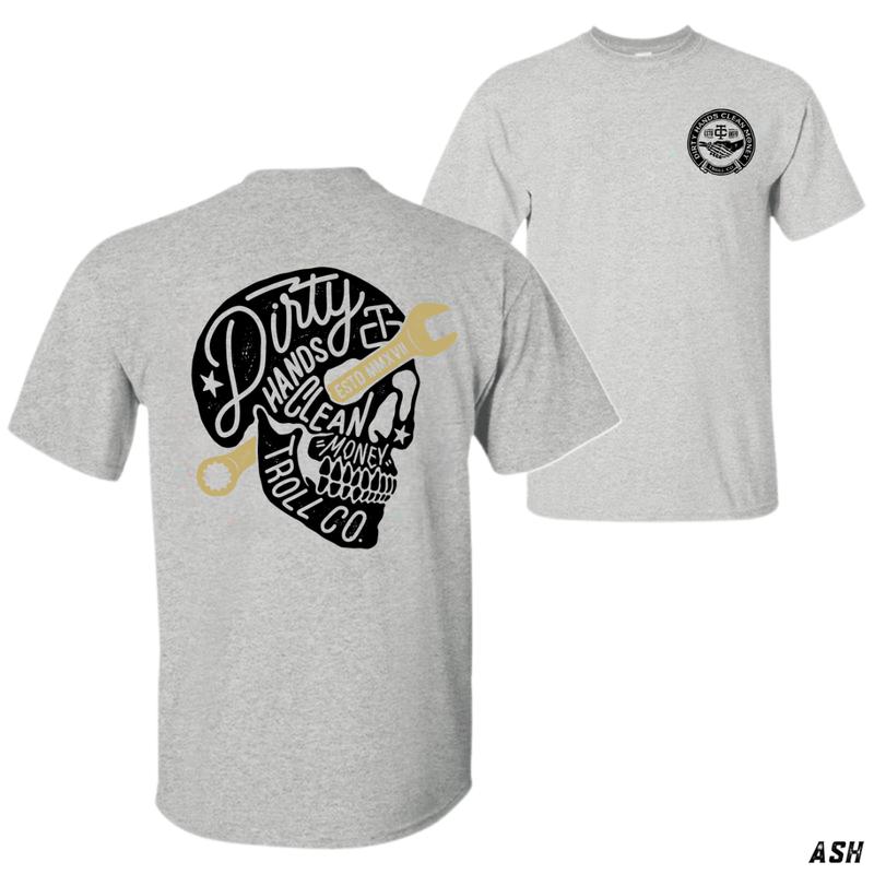 Troll Co T-Shirt – Bold Skull With Wrench Graphic & “Dirty Hands Clean Money” Message, For Hardworking Hustlers, Troll Co Brand, Unisex Tee, Garage Style, Streetwear Vibe, Menswear Top Streetwear Casual