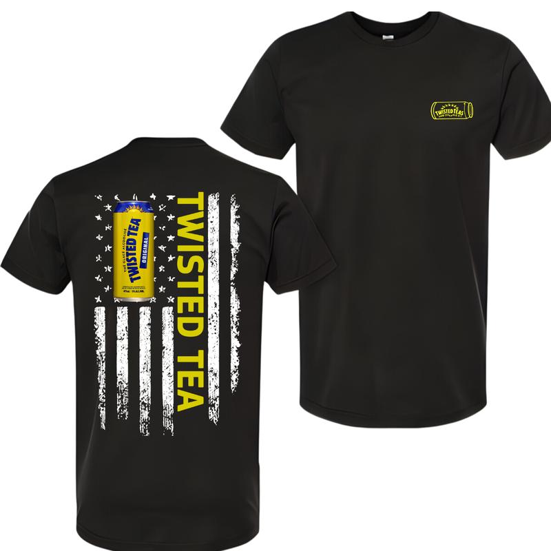 Twisted Tea T-Shirt – Bold can design with American flag elements, perfect for a patriotic and unique style. Menswear T-Shirt Round Neck Menswear Tops