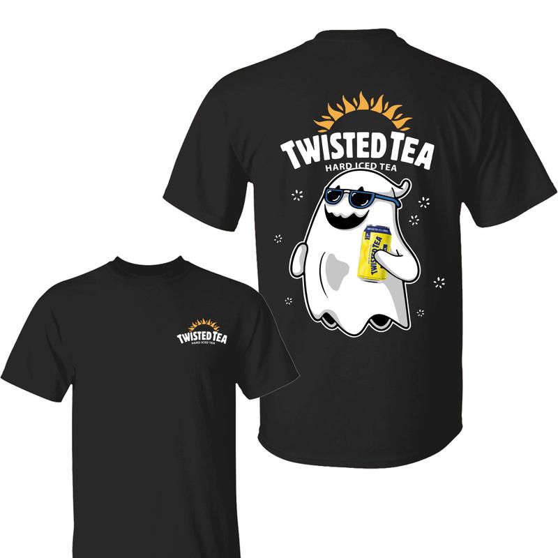 Twisted Tea Ghost Halloween 2 Sided Shirt, Unisex Cotton Crewneck Tee for Men & Women, Casual Halloween Tee with Tea Bottle Graphic shirt Tee Cotton