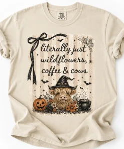 Comfort Colors Literally Just Wildflowers Coffee & Cows Shirt, Highland Cow Halloween Tee, Witch Cow Graphic T-Shirt, Spooky Fall Farmhouse Shirt, Cute Autumn Coffee Lover Gift