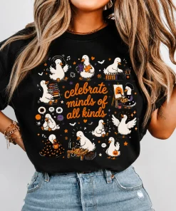 Celebrate Minds of All Kinds Goose Halloween Shirt, Autism Awareness Goose Graphic Tee, Cute Neurodiversity Fall T-Shirt, Spooky Goose Halloween Apparel, Inclusive Teacher Gift, Cozy Autumn Shirt for Women & Men - HUNTWEAR SHOP