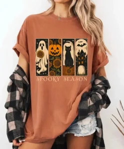 Comfort Colors Spooky Season Shirt, Ghost Pumpkin Cat Halloween Tee, Vintage Fall Graphic T Shirt, Cute Autumn Boo Shirt Gift