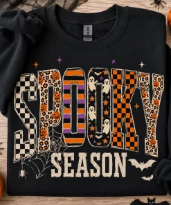 Halloween Spooky Season Sweatshirt, Leopard Print Checkered Ghost Pumpkin Crewneck, Retro Fall Pullover, Cute Halloween Shirt - HUNTWEAR SHOP