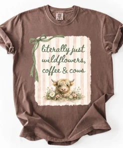Highland Cow Wildflowers Coffee Shirt, Cottagecore Cow Graphic Tee, Rustic Farmhouse Floral Shirt, Country Western Cow Lover T-Shirt, Vintage Nature Tee