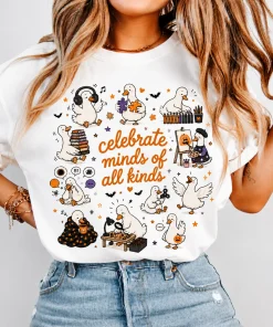 Celebrate Minds of All Kinds Goose Halloween Shirt, Autism Awareness Goose Graphic Tee, Cute Neurodiversity Fall T-Shirt, Spooky Goose Halloween Apparel, Inclusive Teacher Gift, Cozy Autumn Shirt for Women & Men - HUNTWEAR SHOP