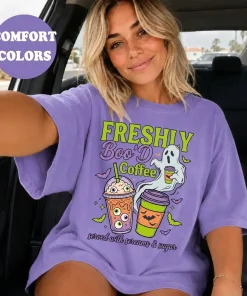Comfort Colors Freshly Boo'd Coffee Shirt, Cute Ghost Halloween Tee, Spooky Coffee Graphic T Shirt, Funny Fall Autumn Gift